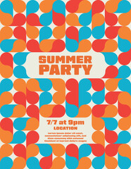 Summer Party Poster Template with Hippie Geometric Shapes Pattern. Editable Printable Abstract eps 10 Vector Illustration.