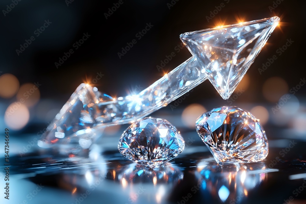 Poster crystal arrow pointing upward with sparkling diamonds on reflective surface against blurred bokeh ba