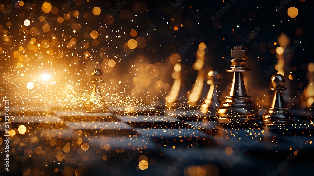 Aufkleber dark chess pieces on board with magical golden bokeh lights and glowing sparkles creating atmospheri