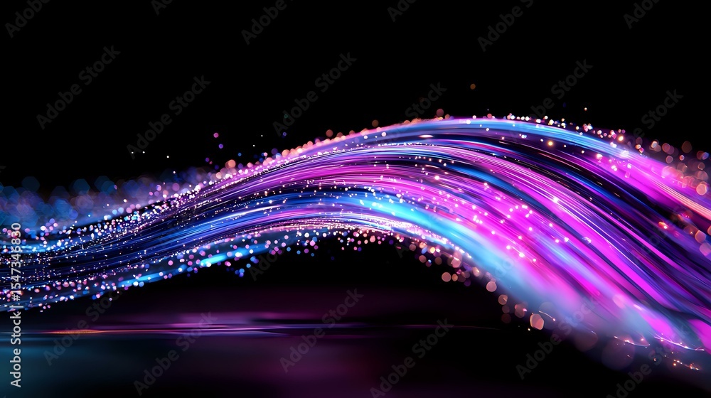 Poster glowing neon wave with sparkling particles flows through dark space creating dynamic motion effect i