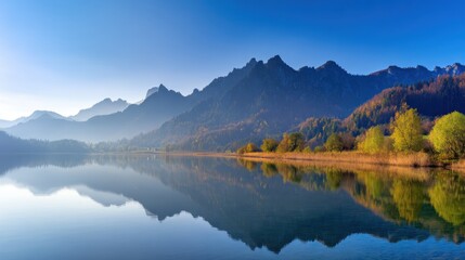 Serene mountain landscape reflecting on a calm lake during sunrise with clear skies