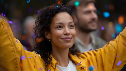 Fototapeta premium Young African American woman with curly hair smiling joyfully with arms raised while celebrating at outdoor festival among colorful confetti and bokeh lights.