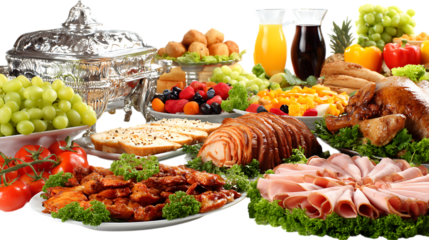 Delicious buffet feast with roasted chicken and ham isolated on transparent background