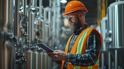 Bearded industrial worker in orange hard hat and safety vest checking digital tablet while inspecting brewery equipment and steel tanks in manufacturing facility.