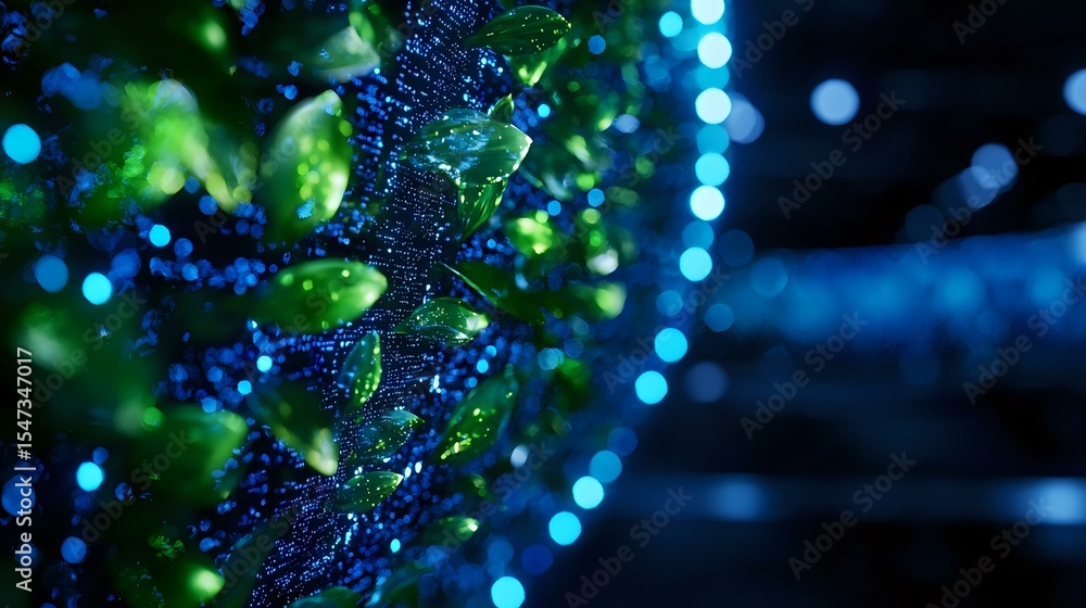Poster glowing blue and green particles with bokeh effect create magical atmosphere against dark background