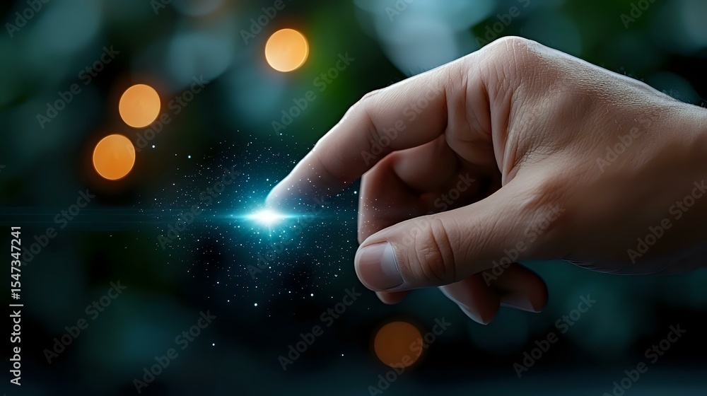 Poster magical glowing light effect between fingers against dark bokeh background, creating mystical and et