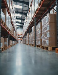 Fototapeta premium Pallet racks filled with shrink-wrapped boxes in a warehouse setting