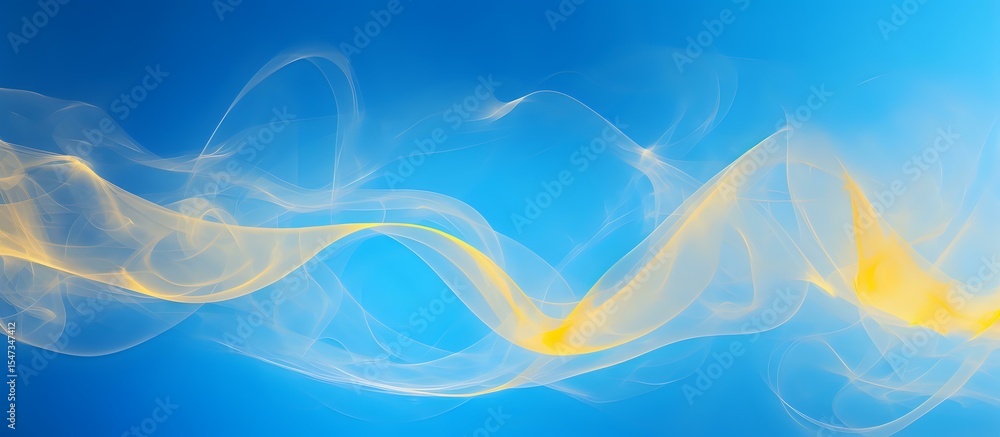 Poster ethereal golden and white smoke waves flowing gracefully against vibrant blue background, creating d