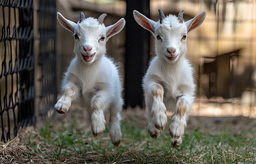 Obraz premium Two playful white baby goats jumping together in synchronized motion on farm, showing joyful expressions against natural barn background.