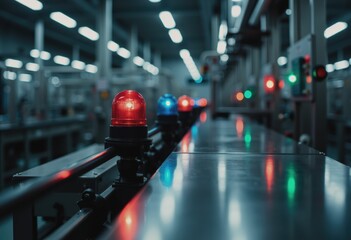 Alarm lights illuminating an empty packaging line in a factory setting