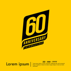 60th years anniversary celebration emblem. congratulations anniversary black logo isolated with ribbons on yellow background. vector illustration template design for web banner.
