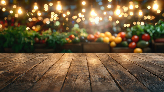 Wooden table blurred vegetable background bokeh light rustic warm market festive inviting atmosphere - Powered by Adobe