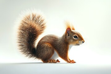 Obraz premium Red squirrel with fluffy tail on white background, side view profile of wild forest animal isolated for nature and wildlife design projects.