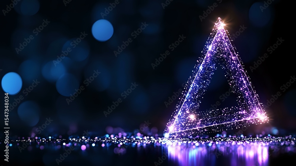 Poster glowing triangle shape with sparkles and light particles against dark background, purple and blue bo