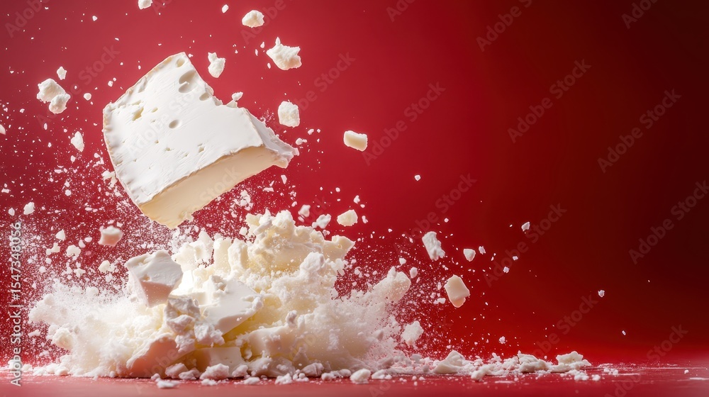 Poster an explosive moment captures a block of white substance breaking apart, sending fragments flying aga