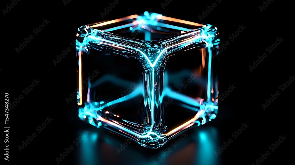 Poster glowing neon blue cube with transparent edges and light effects on black background, abstract geomet