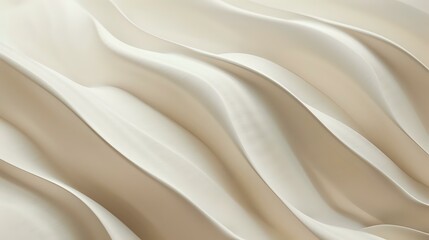 Obraz premium Elegant cream-colored silk fabric with soft wavy folds creating gentle curves and shadows against light background, luxurious textile surface with flowing lines.