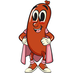 Naklejka premium superhero cheerful sausage cartoon mascot, fun meat snack character illustration, isolated high-quality vector perfect for branding and design use, work of hand drawn