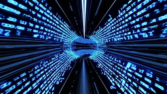 Futuristic data stream tunnel with glowing blue binary code accelerating through digital corridor, concept of big data, cybersecurity, internet speed, blockchain processing, and information technology