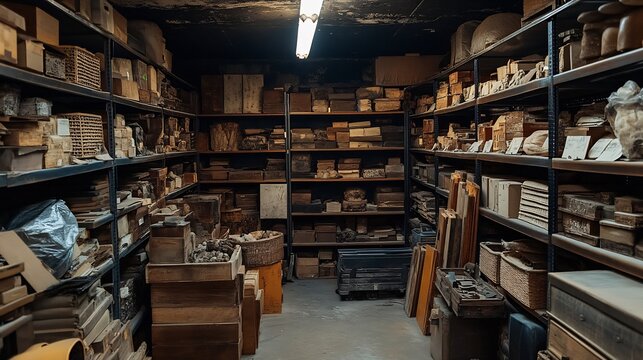Dark, cluttered storage room with wooden shelves filled with various items