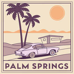 Retro Style Palm Springs Illustration Featuring Lavender Car Two Palm Trees Beige Desert Landscape and Mid Century