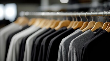 Fototapeta premium Close-up of a t-shirt hanging on wooden hanger in closet close up clothes