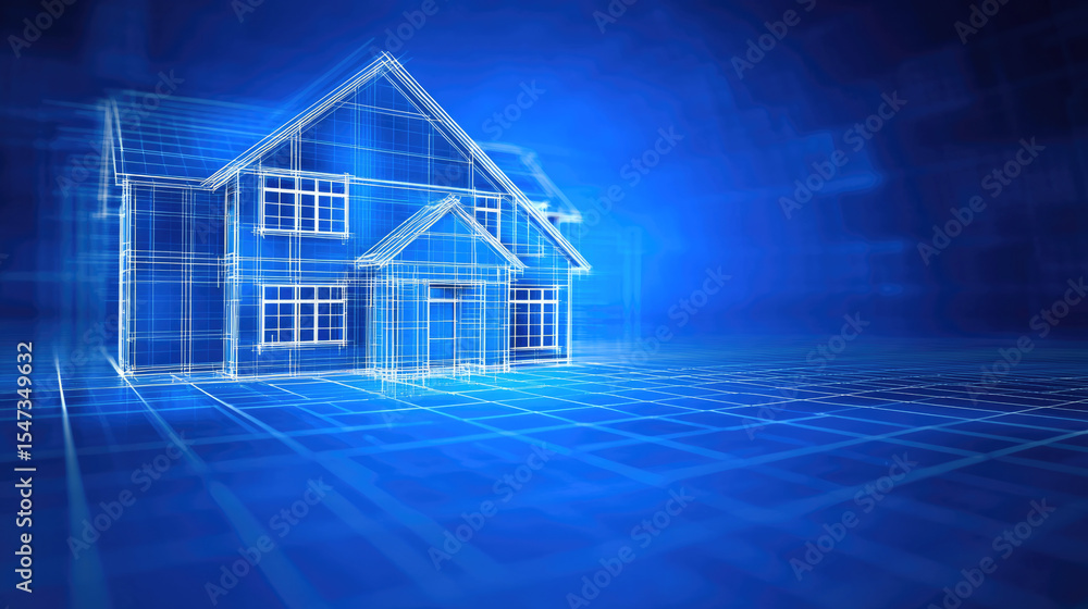 Poster blueprint layout of house architecture on digital surface, glowing lines, modern design, futuristic,