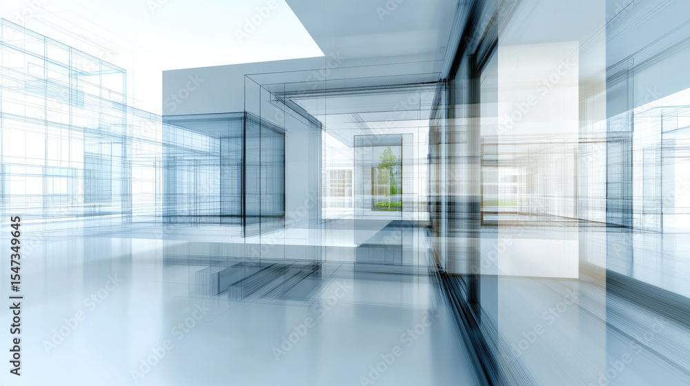 Poster modern architecture blueprint layout with transparent digital lines, abstract design, bright interio