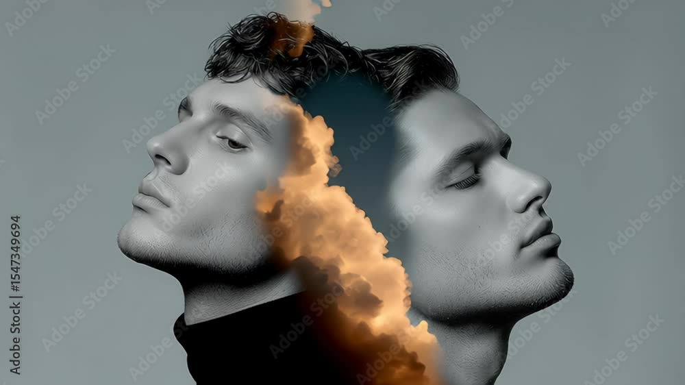 Poster two male faces in profile, artistically blended with clouds and abstract elements, showcasing a surr