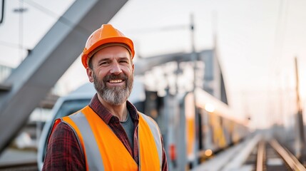 Confident middle-aged male engineer in orange safety vest and helmet smiling on bridge with passing train, blurred background highlighting professional warmth and stylish casual attire