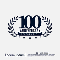 100th years anniversary celebration emblem. congratulations anniversary logo isolated with ribbon and laurel wreath on white background. vector illustration template design for web banner