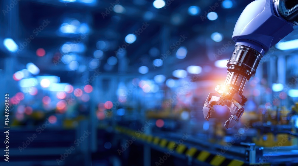 Poster robotic arm operating in a modern factory setting, with machinery and blurred background activity