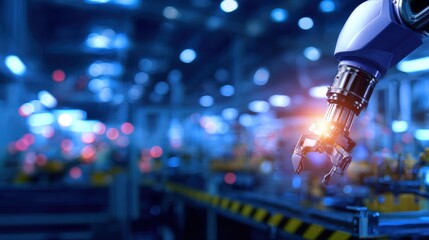 Robotic arm operating in a modern factory setting, with machinery and blurred background activity