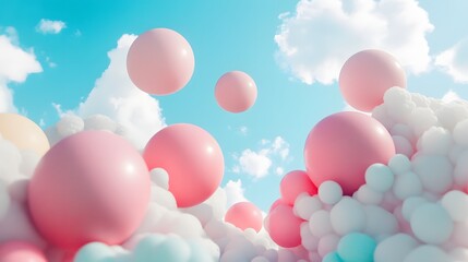 3D render of pink balloons floating amidst fluffy white clouds against a bright blue sky.