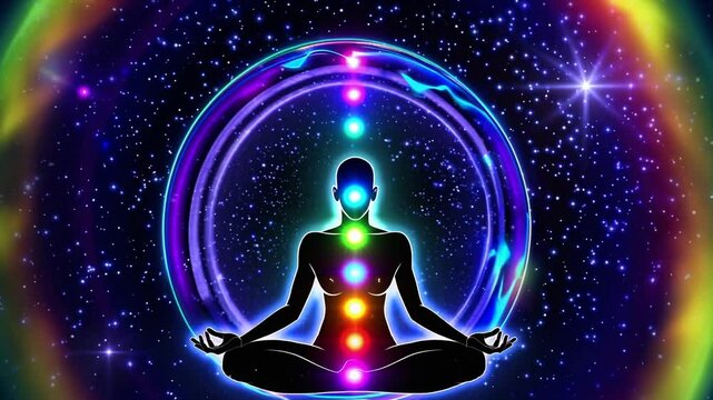 person meditating in lotus position with activated chakra points and cosmic rainbow aura, concept of energy healing, yoga, spiritual awakening, and metaphysical artwork