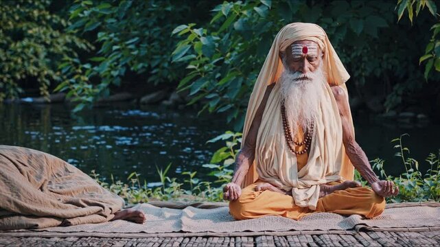 Hindu sadhu meditating by forest river in traditional robe with peaceful expression, concept of spiritual practice, Indian religious life, mindfulness, and nature connection lifestyle