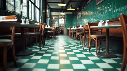 A nostalgic café interior showcasing wooden tables and chairs against beautifully tiled flooring, evoking warmth and inviting social interactions in a dynamic environment.