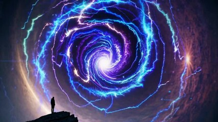 Person standing on cliff edge facing glowing spiral portal in night sky, concept of science fiction, alternate dimensions, fantasy travel, dreamscape visuals, and conceptual digital art