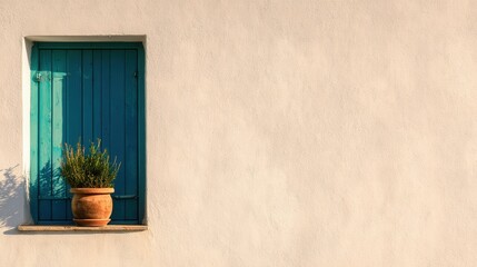 Fototapeta premium A serene blue door framed by a textured white wall, with a potted plant adding charm