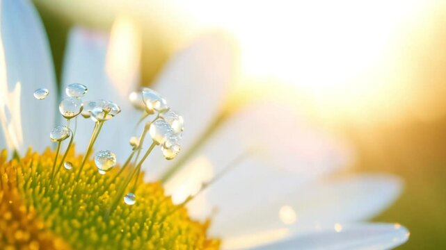 A macro close up of a beautiful white daisy blossom, its petals adorned with sparkling dew drops, blooming in the spring garden