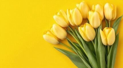 Top view of a colorful spring bouquet featuring vibrant yellow tulips on color background, view