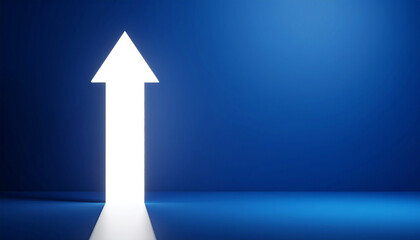Glowing white arrow rise up on dark blue background. Investment, business growth.