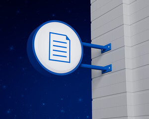 Document icon on hanging blue rounded signboard over fantasy night sky, Technology internet online concept, 3D rendering