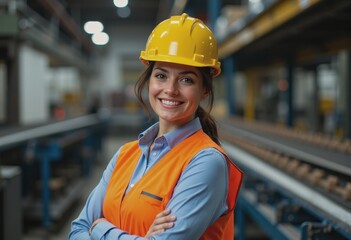 Woman supervisor in hard hat smiling confidently by conveyor belt