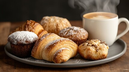 A tempting arrangement of fresh pastries including croissants, muffins, and danishes, served alongside a steaming cup of coffee on a rustic wooden table.