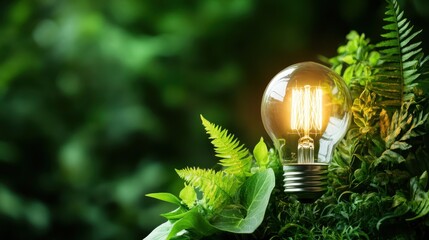 This image features a glowing lightbulb surrounded by lush greenery, symbolizing the harmony between technology and nature, emphasizing sustainability and eco-friendliness.