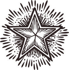 Obraz premium Decorative hand drawn five pointed star with radiant burst and detailed sketchy lines
