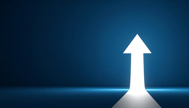 Glowing white arrow rise up on dark blue background. Investment, business growth.