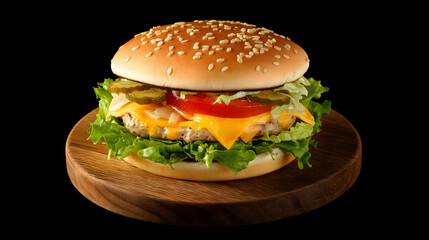 Delicious cheeseburger with lettuce, tomato, pickles on wooden board  