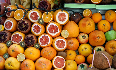 Fresh fruits fill vibrant street stand
